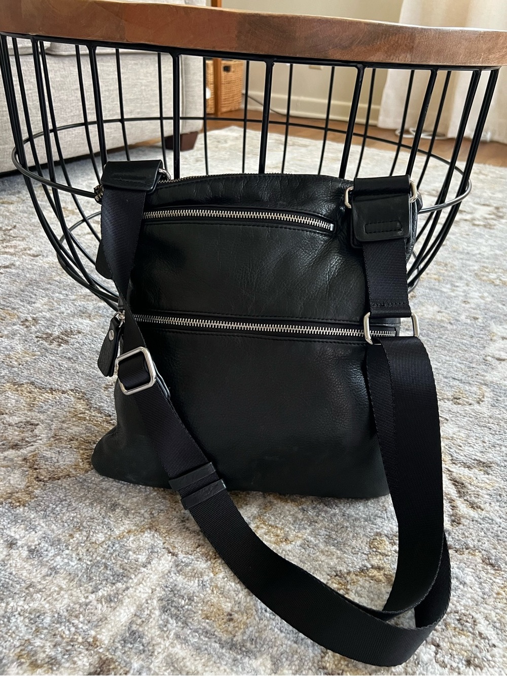 Margot Genuine Leather Black Large Size Triple Zip Thick Strap Crossbody Purse